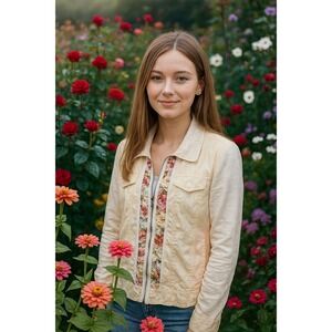 Blue Willi's Floral Jacket‎ Lace Collar Knit Sleeves Cream Cottagecore Size L